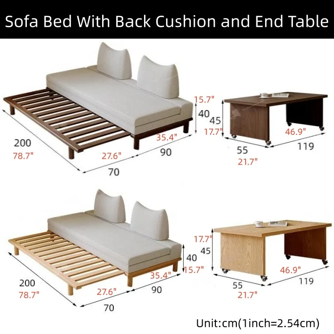 Canapé-lit Tatami à cadre en bois massif avec coussin de dossier à bascule