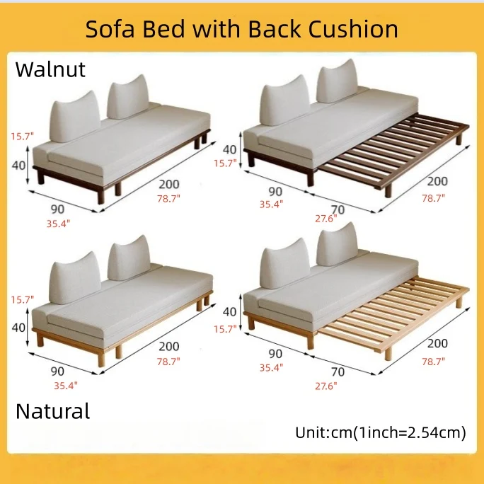 Canapé-lit Tatami à cadre en bois massif avec coussin de dossier à bascule
