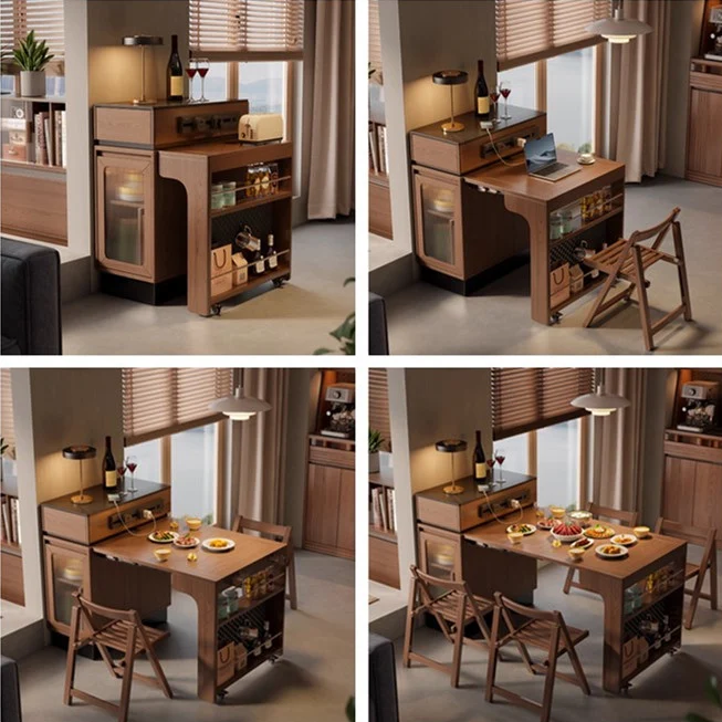 Îlot de cuisine extensible en bois massif avec rangement et 4 chaises de salle à manger pliantes