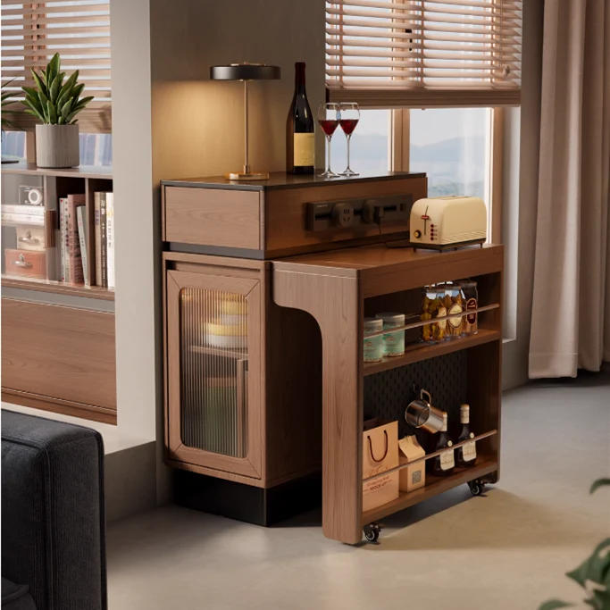 Îlot de cuisine extensible en bois massif avec rangement et 4 chaises de salle à manger pliantes