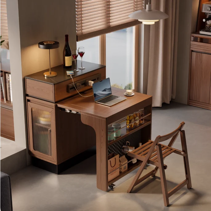 Îlot de cuisine extensible en bois massif avec rangement et 4 chaises de salle à manger pliantes