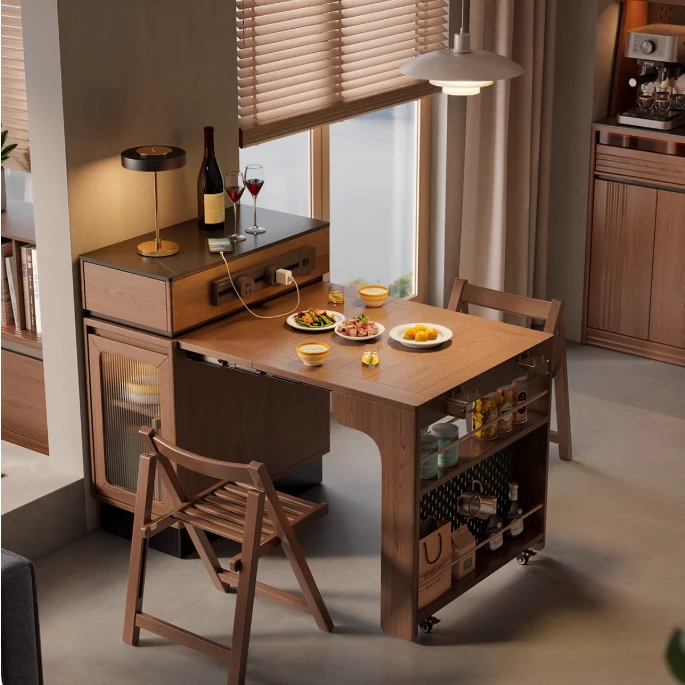 Îlot de cuisine extensible en bois massif avec rangement et 4 chaises de salle à manger pliantes