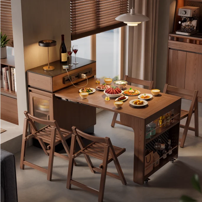 Îlot de cuisine extensible en bois massif avec rangement et 4 chaises de salle à manger pliantes