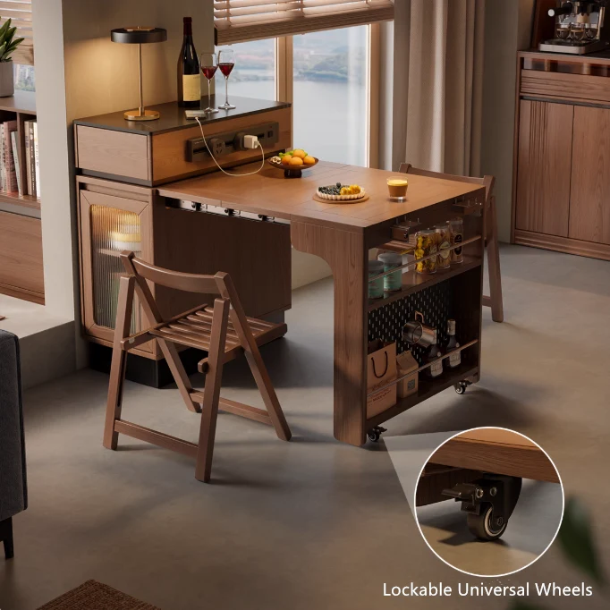 Îlot de cuisine extensible en bois massif avec rangement et 4 chaises de salle à manger pliantes