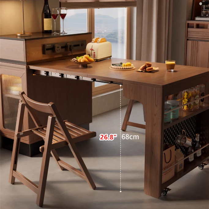 Îlot de cuisine extensible en bois massif avec rangement et 4 chaises de salle à manger pliantes