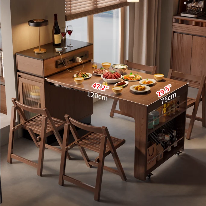 Îlot de cuisine extensible en bois massif avec rangement et 4 chaises de salle à manger pliantes