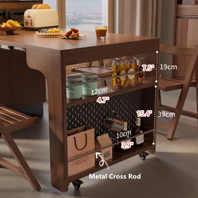 Îlot de cuisine extensible en bois massif avec rangement et 4 chaises de salle à manger pliantes