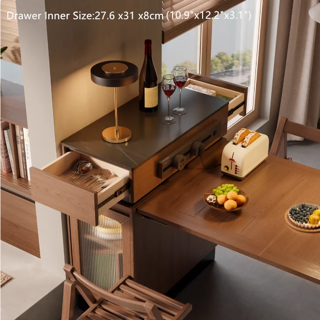Îlot de cuisine extensible en bois massif avec rangement et 4 chaises de salle à manger pliantes