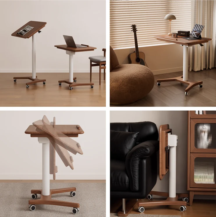 Bureau pour ordinateur portable en bois massif relevable et réglable avec roulettes universelles