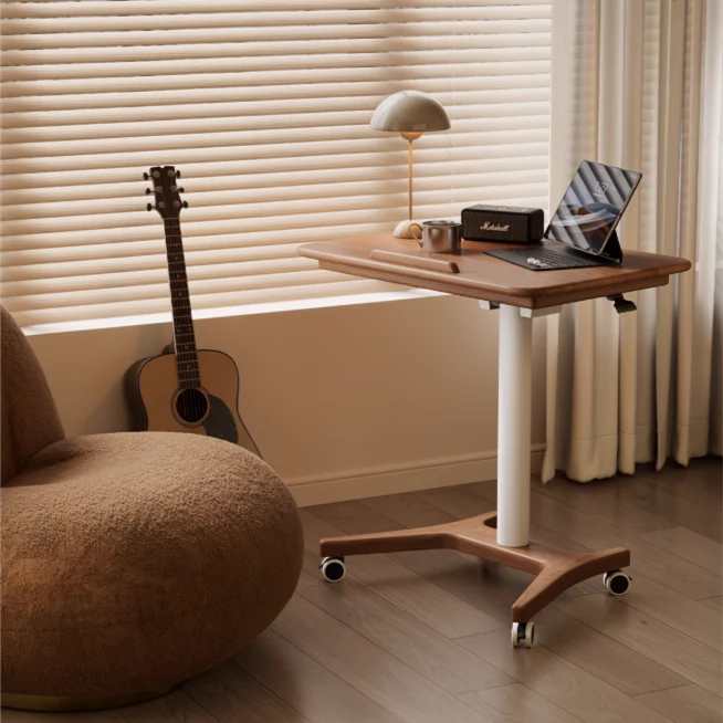 Bureau pour ordinateur portable en bois massif relevable et réglable avec roulettes universelles