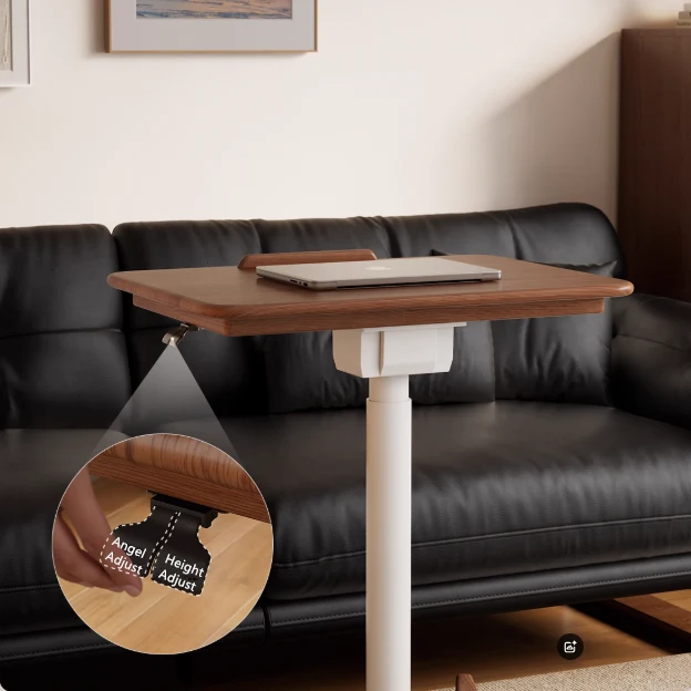 Bureau pour ordinateur portable en bois massif relevable et réglable avec roulettes universelles