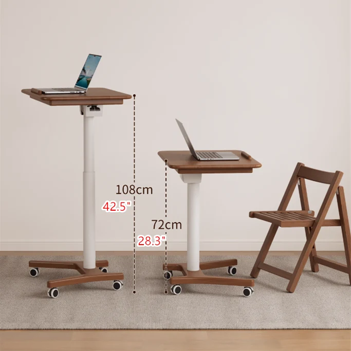 Bureau pour ordinateur portable en bois massif relevable et réglable avec roulettes universelles