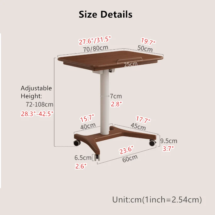Bureau pour ordinateur portable en bois massif relevable et réglable avec roulettes universelles