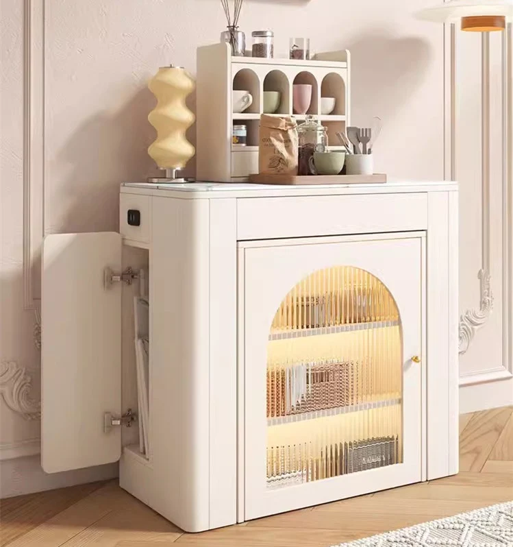 Table à manger extensible moderne avec 4 feuilles en marbre et buffet de rangement