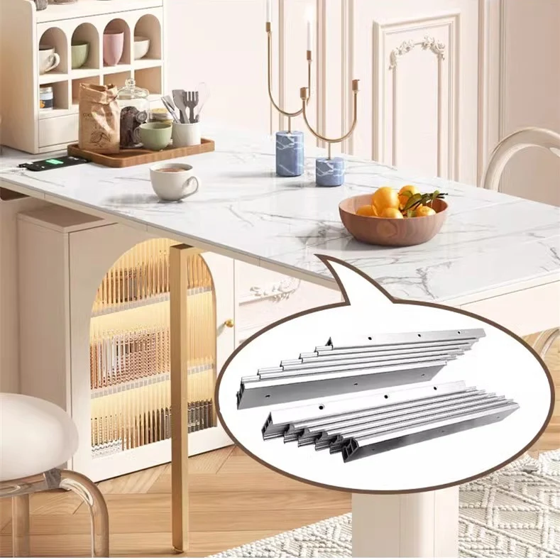Table à manger extensible moderne avec 4 feuilles en marbre et buffet de rangement