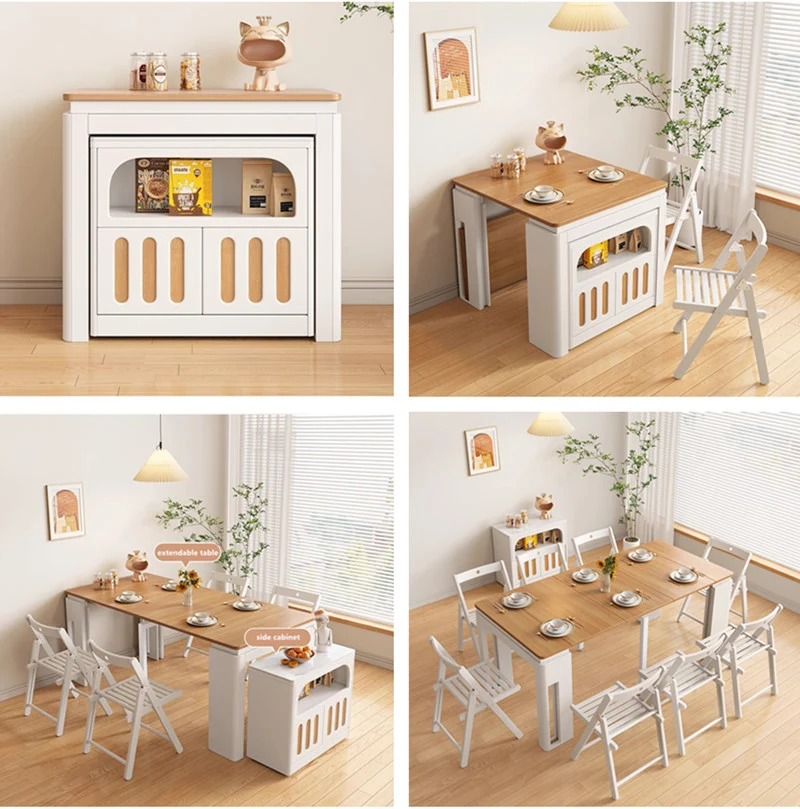 Table à manger extensible moderne avec 4 feuilles en marbre et buffet de rangement