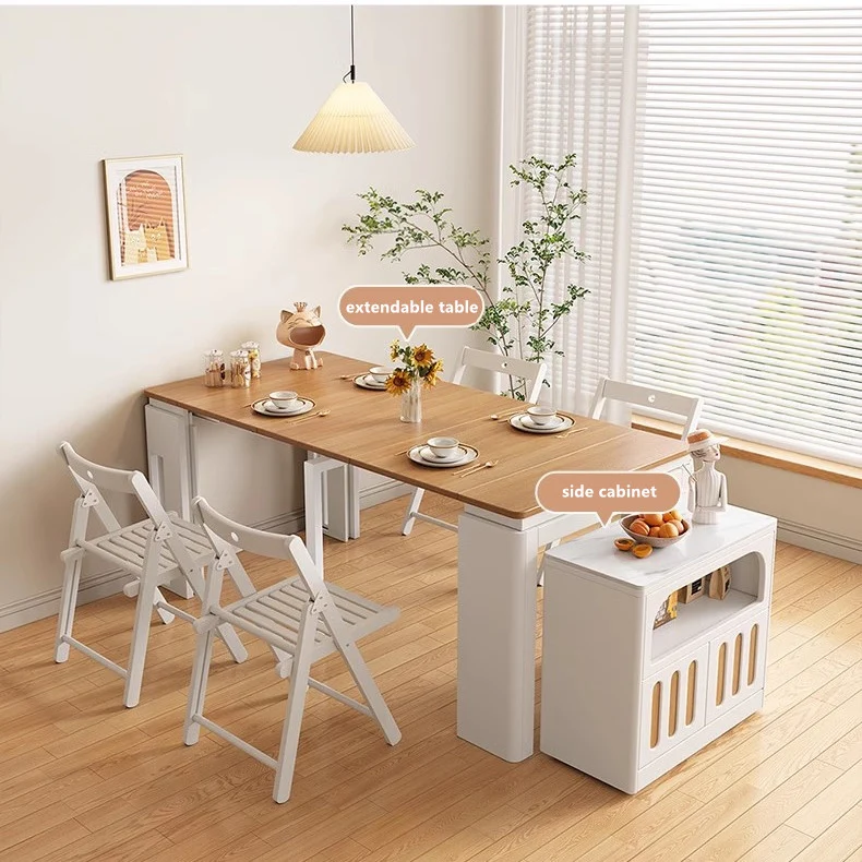 Table à manger extensible moderne avec 4 feuilles en marbre et buffet de rangement