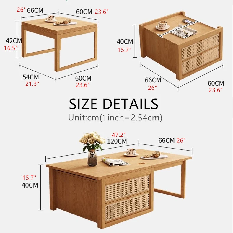 Table basse combinée déformable avec 2 tiroirs de rangement