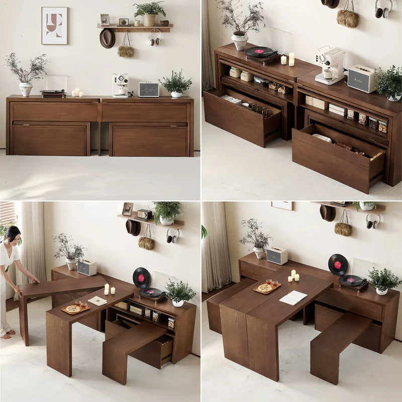 Tables et bancs pivotants à 90° en frêne massif avec grand meuble de rangement