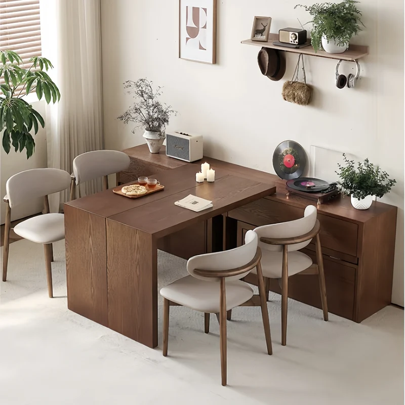 Tables et bancs pivotants à 90° en frêne massif avec grand meuble de rangement