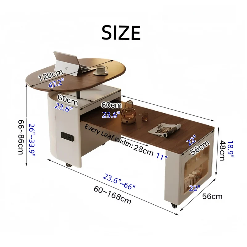 Table basse ovale relevable et extensible avec roulettes universelles