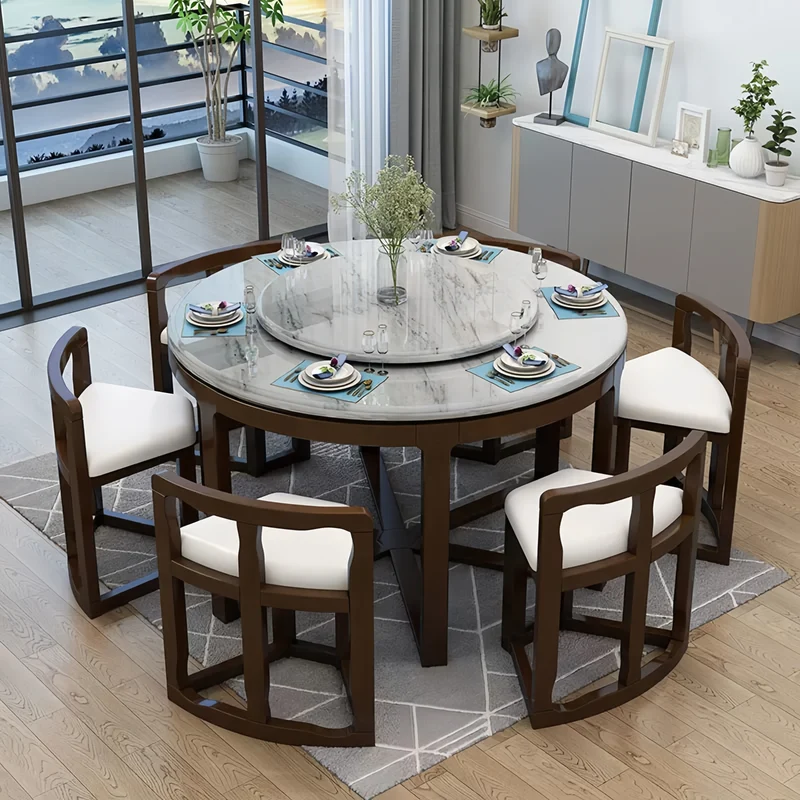 Table de salle à manger ronde gigogne en bois massif avec 6 chaises