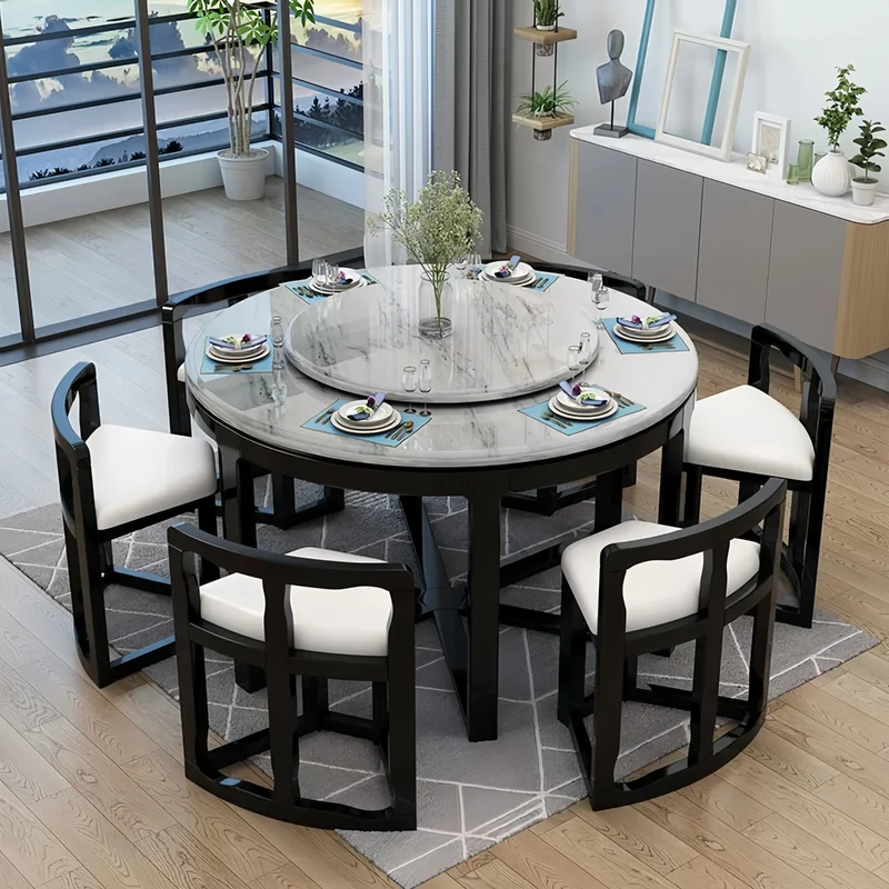 Table de salle à manger ronde gigogne en bois massif avec 6 chaises