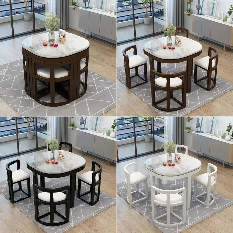 Ensemble table et chaises gigognes en bois massif, peu encombrantes, avec 4 chaises