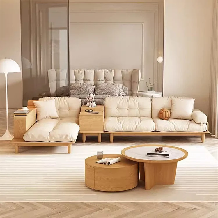 Canapé Japandi en bois massif avec accoudoir rotatif et table d'appoint relevable