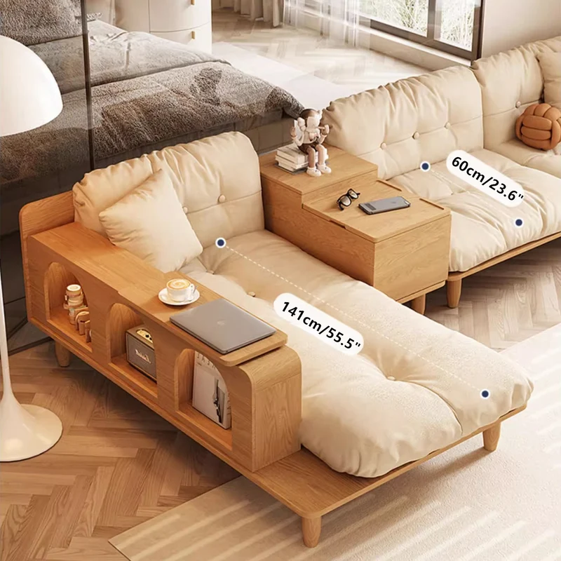 Canapé Japandi en bois massif avec accoudoir rotatif et table d'appoint relevable
