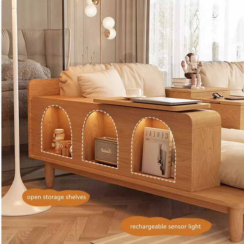 Canapé Japandi en bois massif avec accoudoir rotatif et table d'appoint relevable