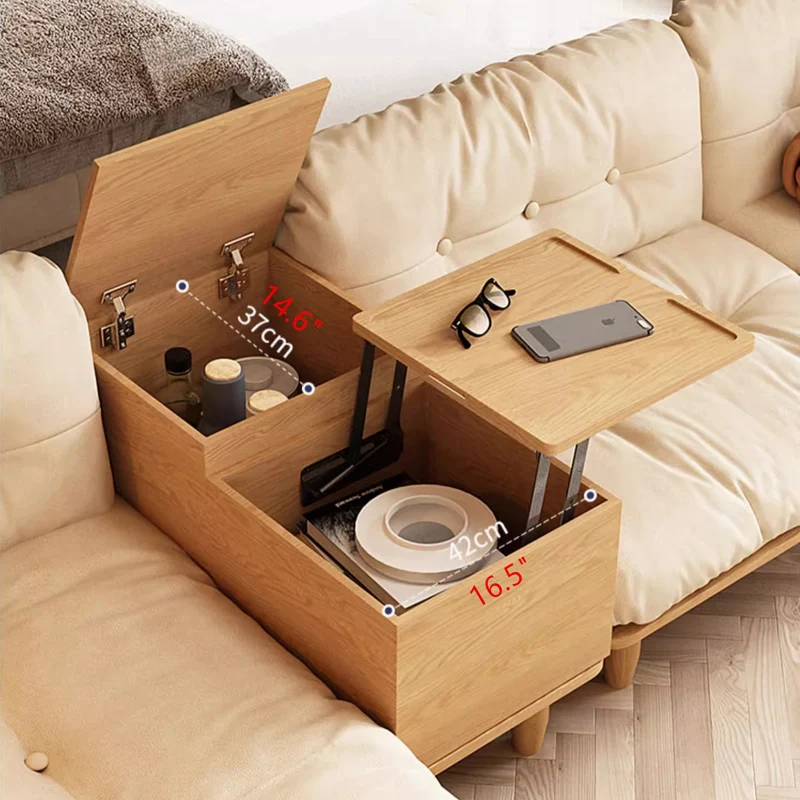Canapé Japandi en bois massif avec accoudoir rotatif et table d'appoint relevable