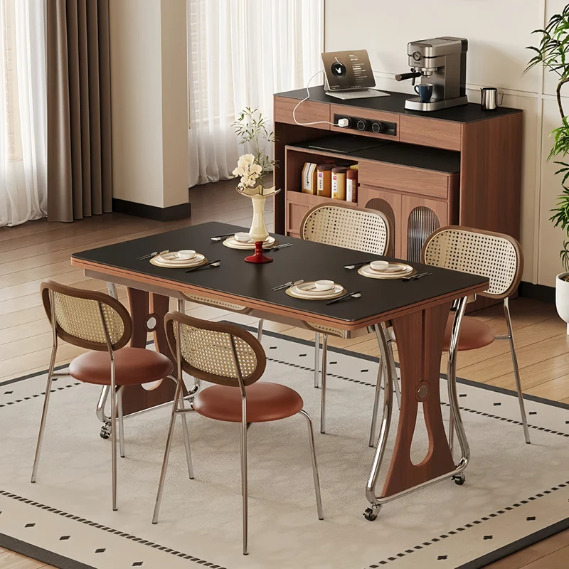 Îlot de cuisine avec comptoir en pierre frittée, table à manger extensible, pliable et mobile et grand meuble de rangement