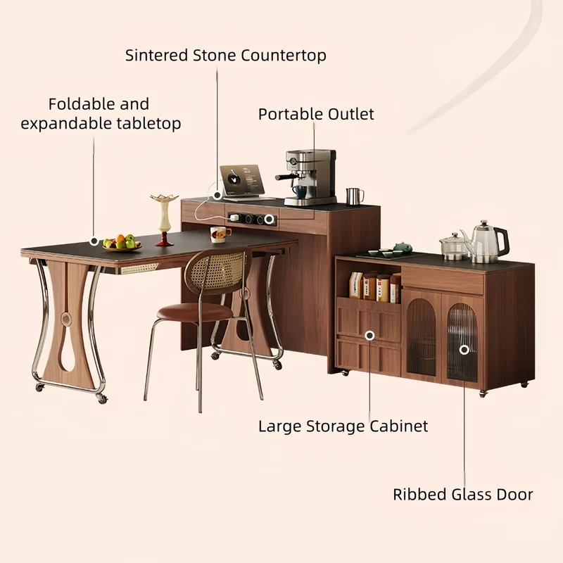 Îlot de cuisine avec comptoir en pierre frittée, table à manger extensible, pliable et mobile et grand meuble de rangement