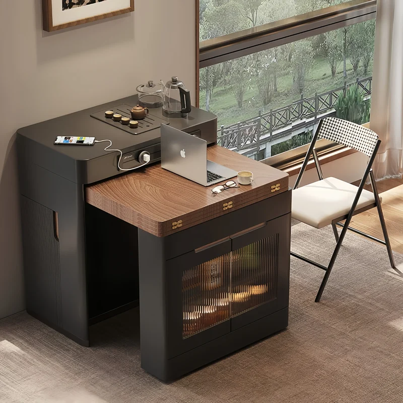 Îlot de cuisine extensible noir avec chaises pliantes