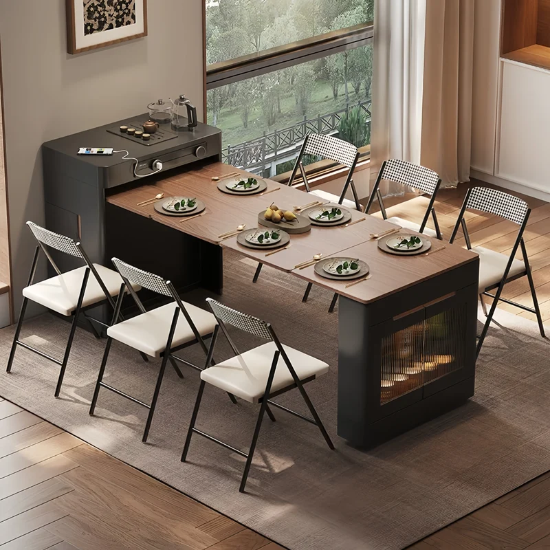 Îlot de cuisine extensible noir avec chaises pliantes