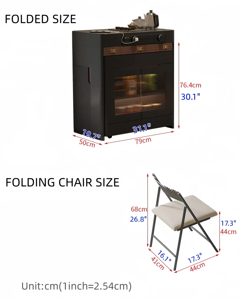 Îlot de cuisine extensible noir avec chaises pliantes