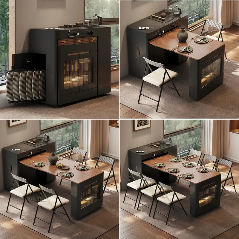Îlot de cuisine extensible noir avec chaises pliantes