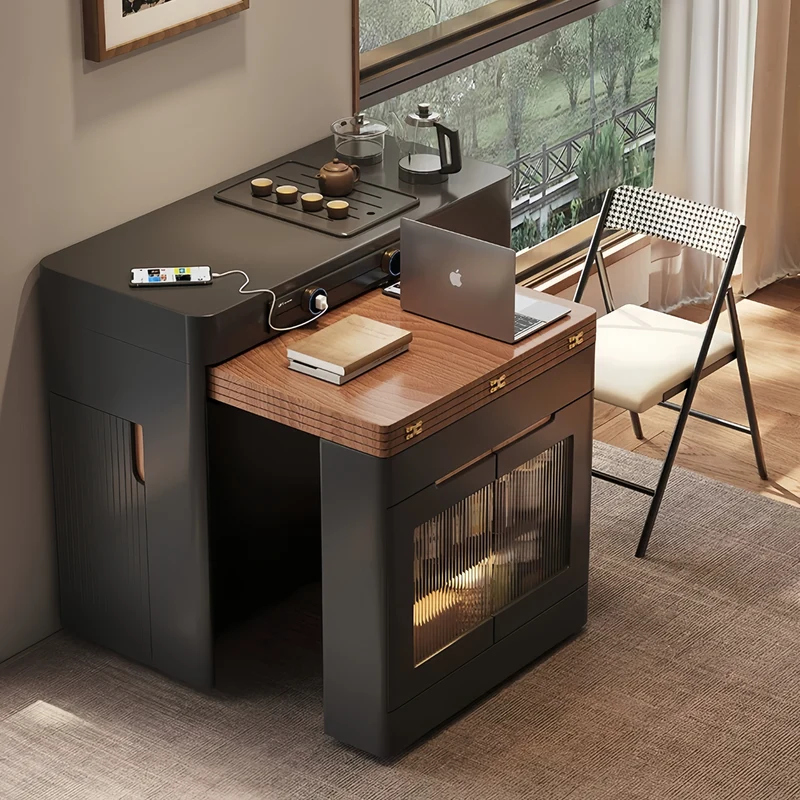 Îlot de cuisine extensible noir avec chaises pliantes