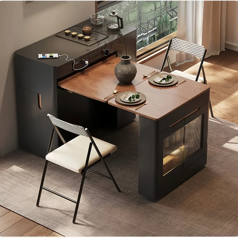 Îlot de cuisine extensible noir avec chaises pliantes