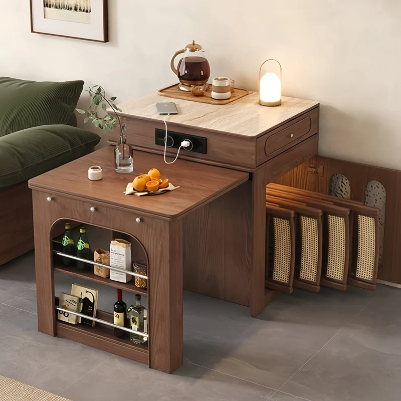 Îlot de cuisine extensible en bois massif avec 4 chaises pliantes
