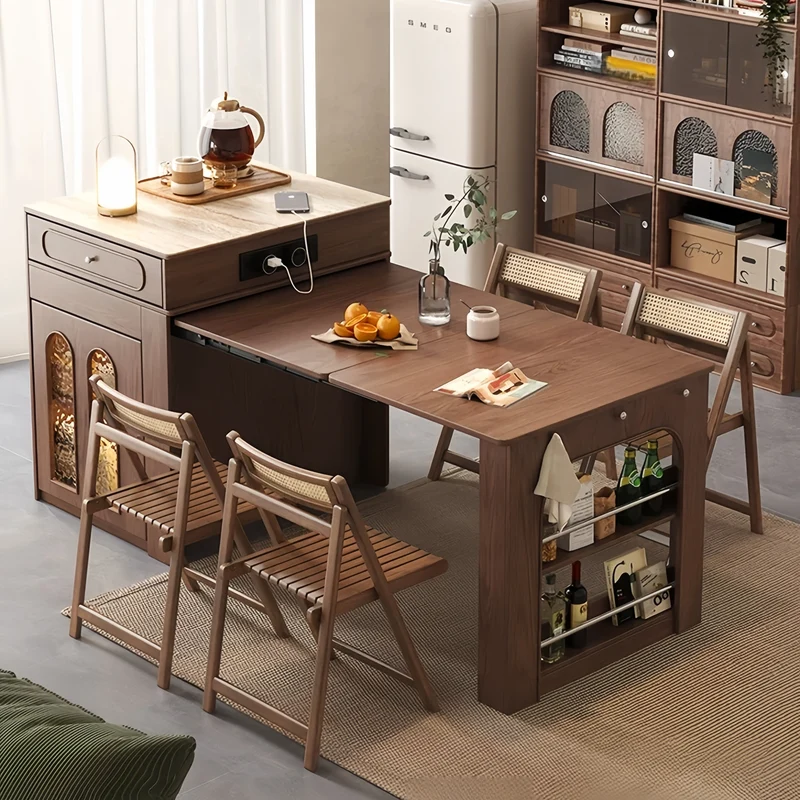 Îlot de cuisine extensible en bois massif avec 4 chaises pliantes