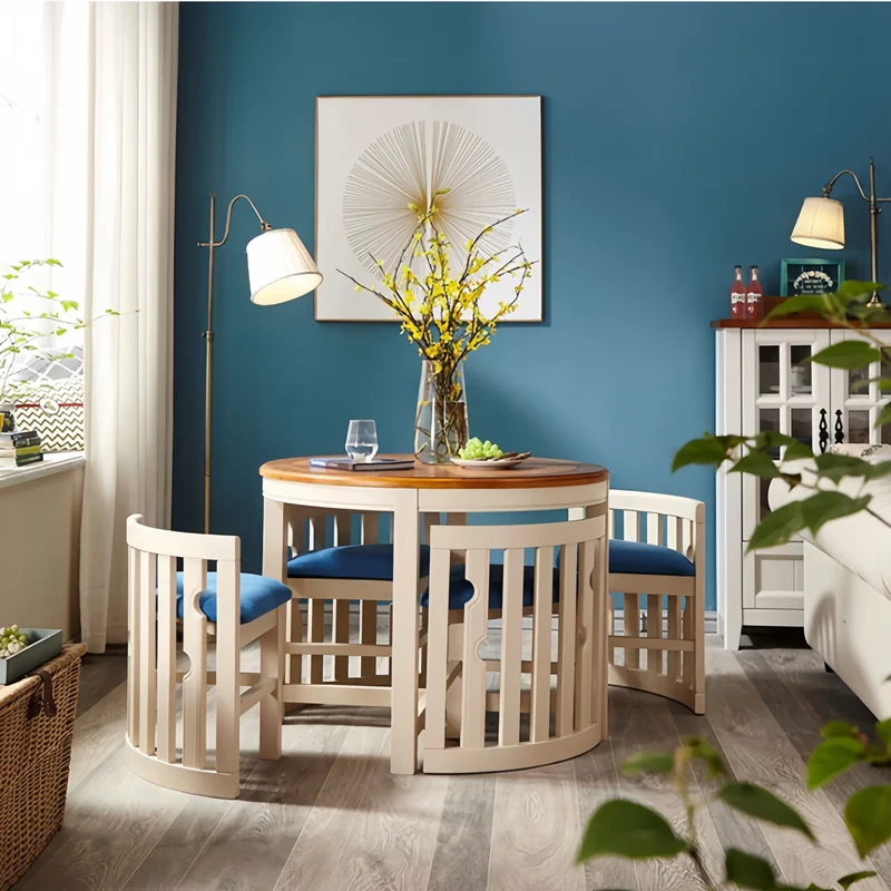Ensemble table et 4 chaises gigognes rondes en bois massif, peu encombrantes