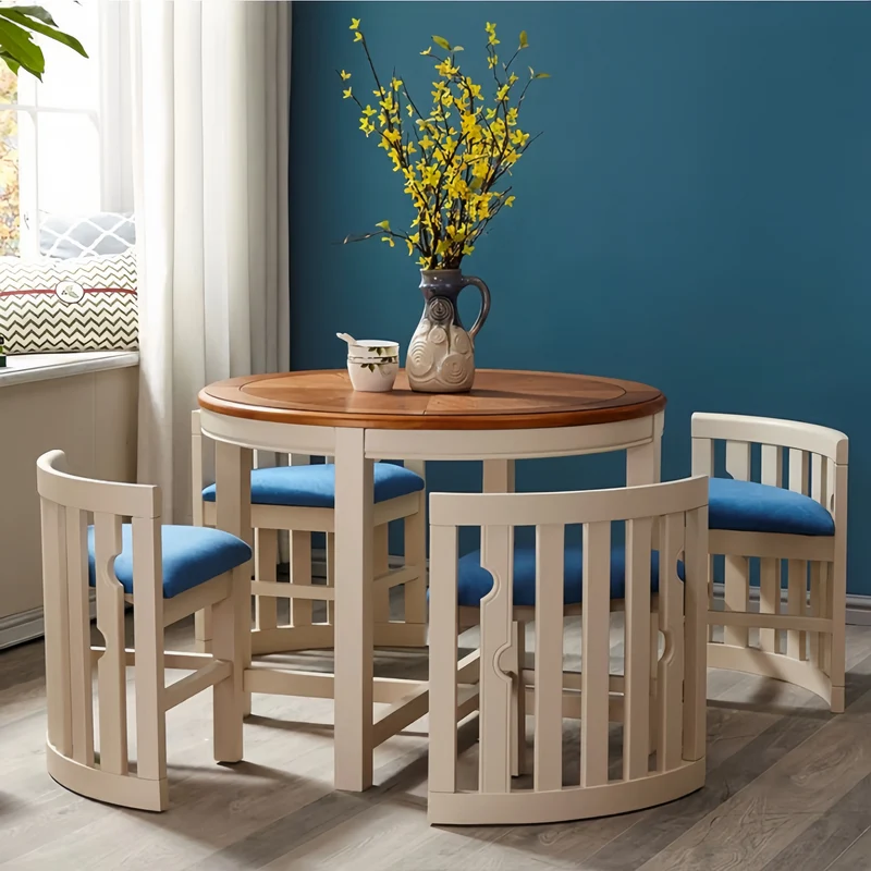 Ensemble table et 4 chaises gigognes rondes en bois massif, peu encombrantes
