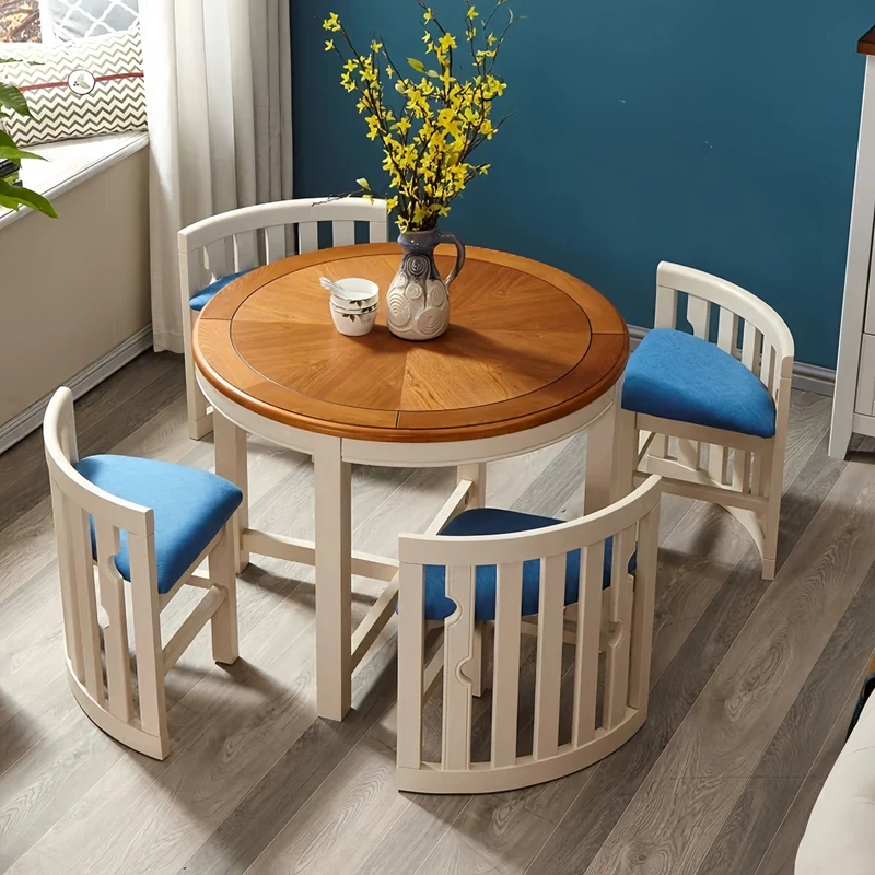 Ensemble table et 4 chaises gigognes rondes en bois massif, peu encombrantes