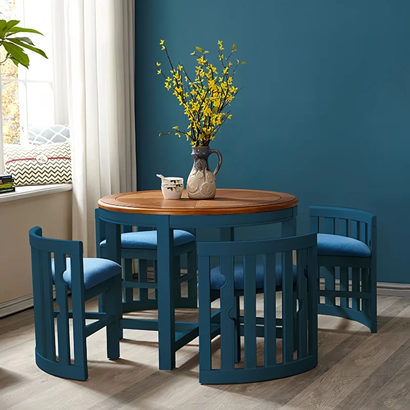 Ensemble table et 4 chaises gigognes rondes en bois massif, peu encombrantes
