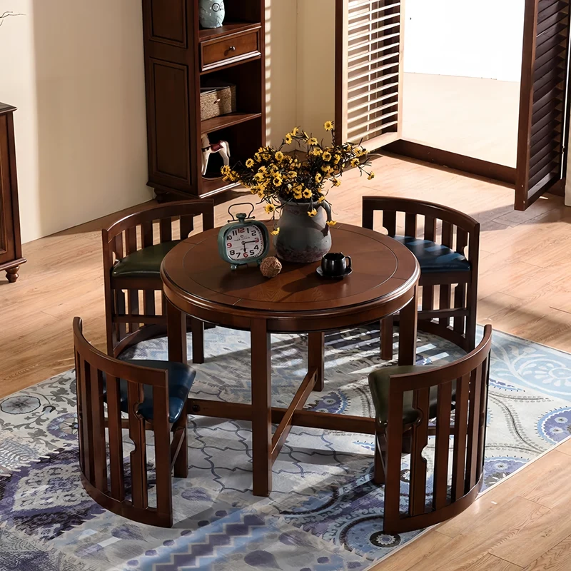 Ensemble table et 4 chaises gigognes rondes en bois massif, peu encombrantes