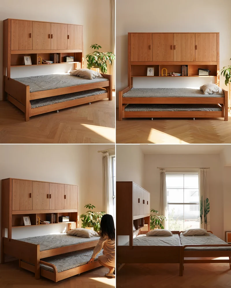 Lit multifonctionnel moderne de style Japandi en bois de cerisier massif avec rangement intégré et lit gigogne.