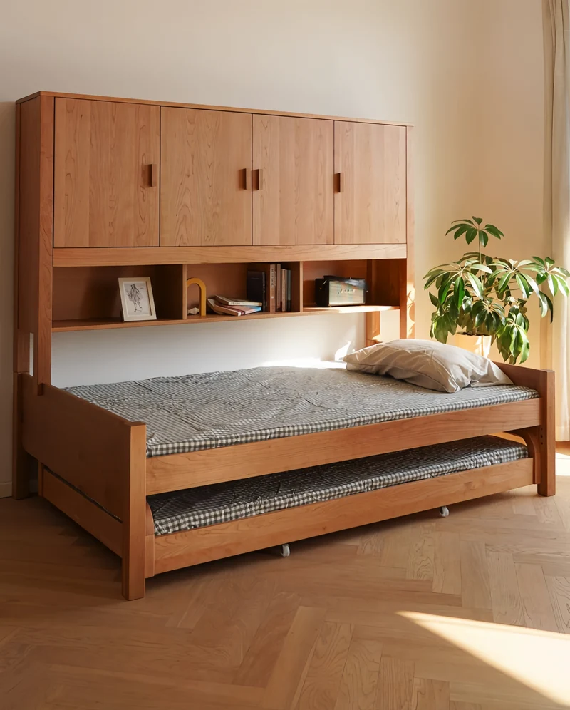 Lit multifonctionnel moderne de style Japandi en bois de cerisier massif avec rangement intégré et lit gigogne.