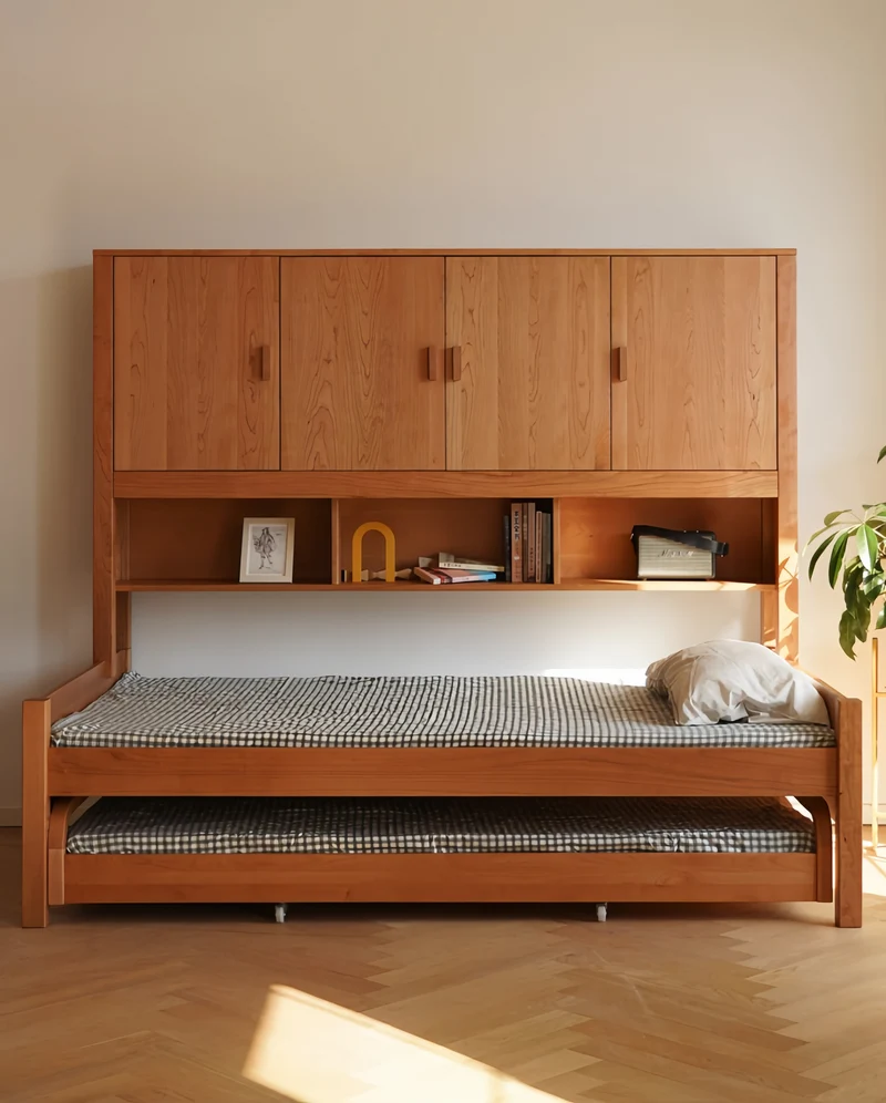 Lit multifonctionnel moderne de style Japandi en bois de cerisier massif avec rangement intégré et lit gigogne.
